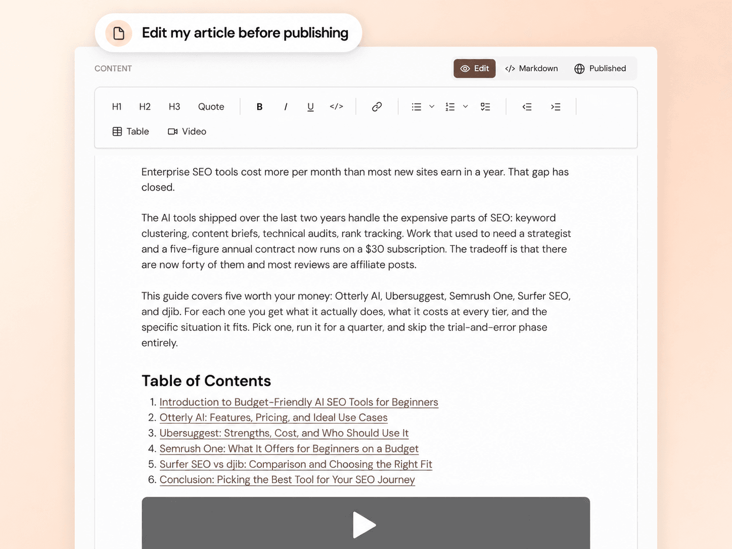 hrefStack article editor with Edit, Markdown and Published views