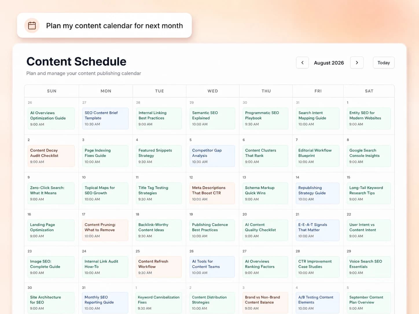 hrefStack content schedule: articles planned on a calendar with publish dates
